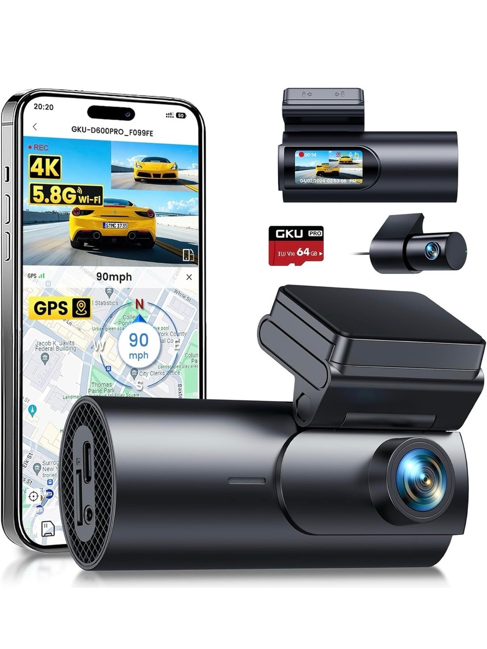 GK Black 4K Dual-Lens Dash Camera with GPS & Wi‑Fi